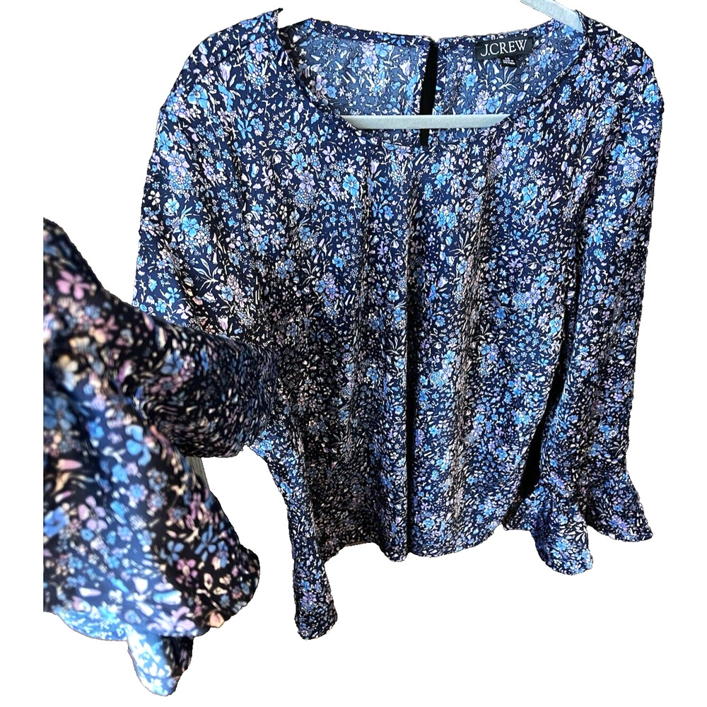 J.Crew Women Top Plus SZ 3X Black Floral Long Sleeve Flounce Ruffle Pull Over
